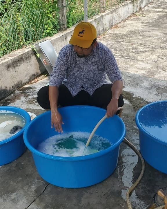 Kerja mencuci pinggan menggunakan besen besar dan air paip.