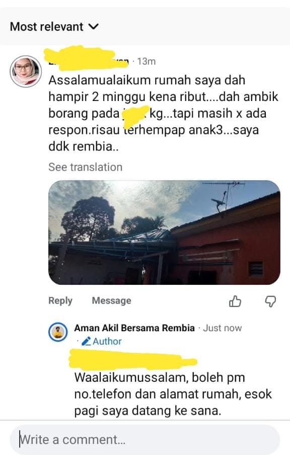 Tangkapan skrin aduan melalui Facebook dan jawapan Aman Akil, dengan nama pengadu ditutup dalam imej asal.